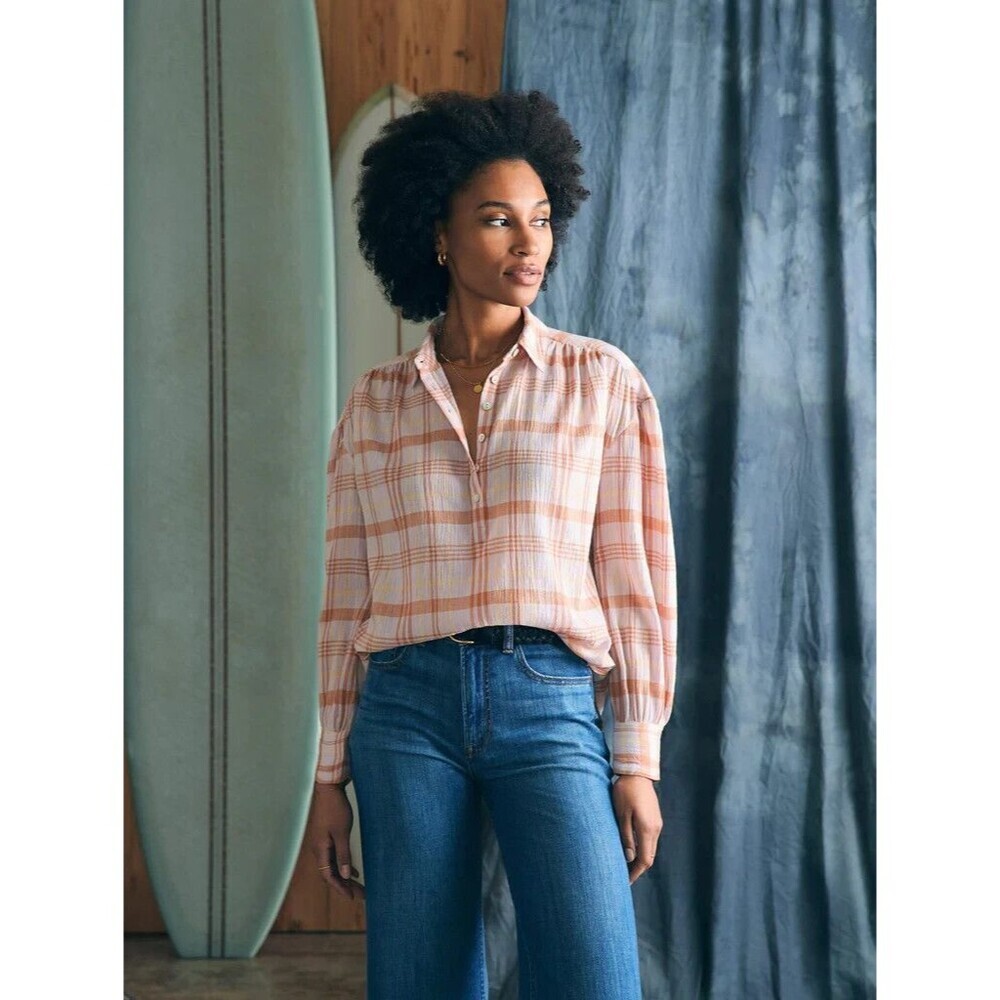 Faherty Women Ollie Shirt Sz XS Organic Cotton Long Sleeve Plaid Button Neck